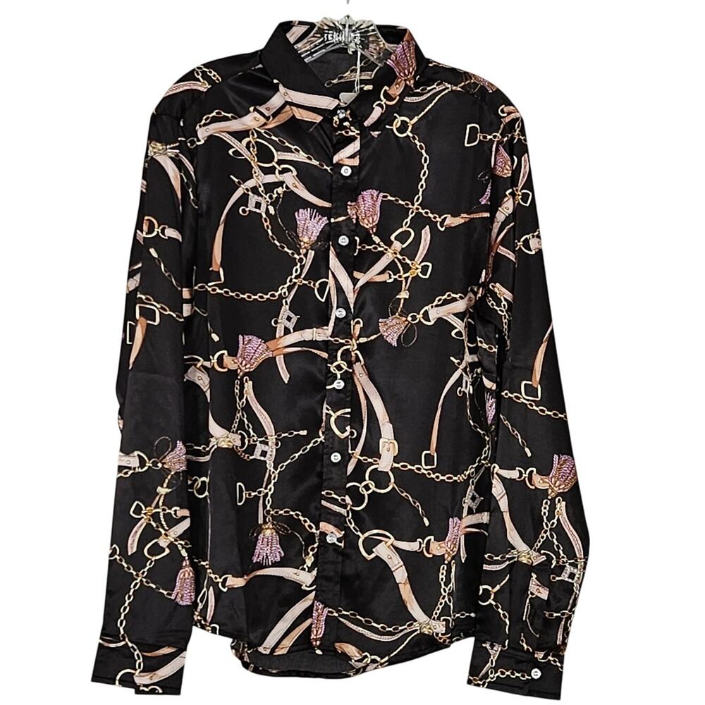 Zeroyaa Men's Luxury Printed Silk Like Satin Button Down Dress Shirt Sz S NWT